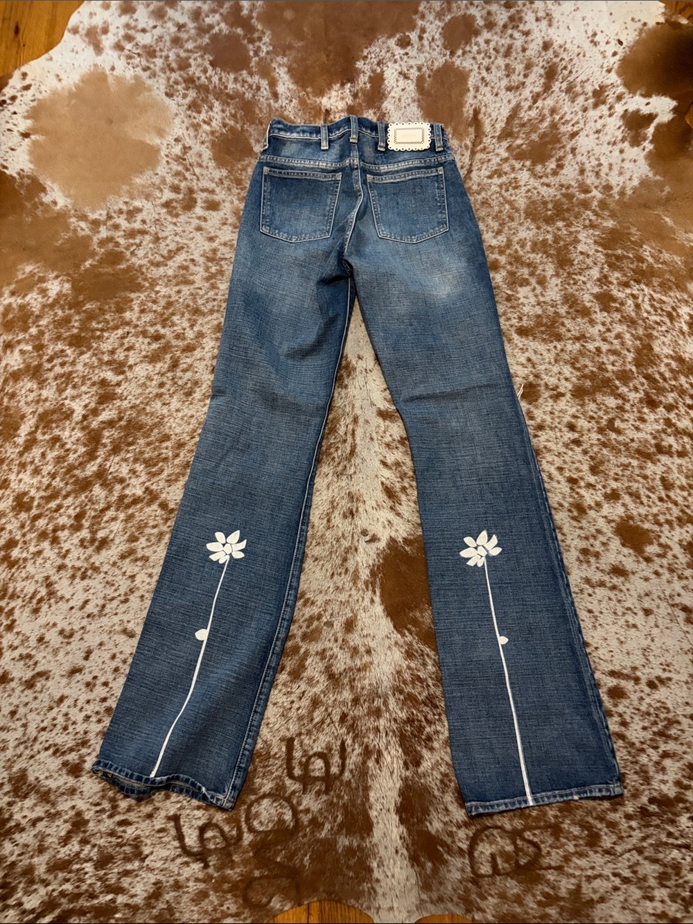 7 For All Mankind Blue Flare Jeans with White Floral Print - Picture 2 of 3